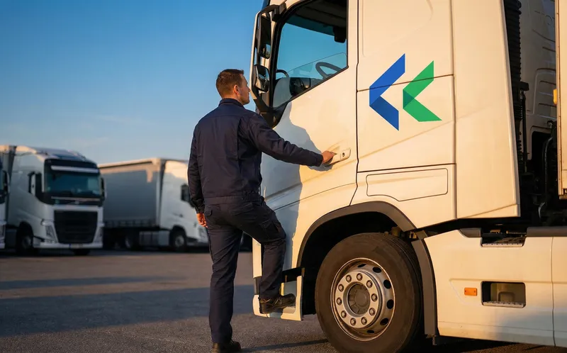 Chauffeur routier montant dans la cabine de son camion — installation GPS Magellan sur flotte de transport