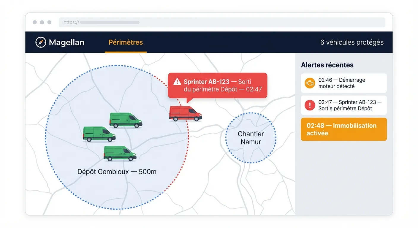 G&eacute;ofencing Magellan — alerte sortie de zone sur carte avec p&eacute;rim&egrave;tre virtuel