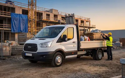 Camionnette plateau charg&eacute;e sur chantier de construction avec traceur GPS