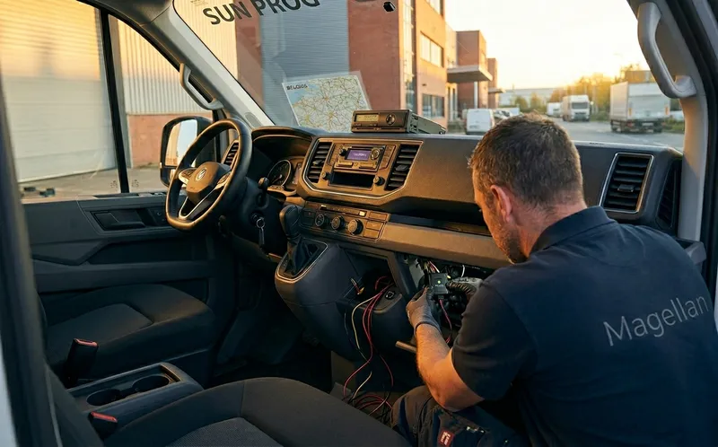 Technicien installant un traceur GPS dans la cabine d'un utilitaire